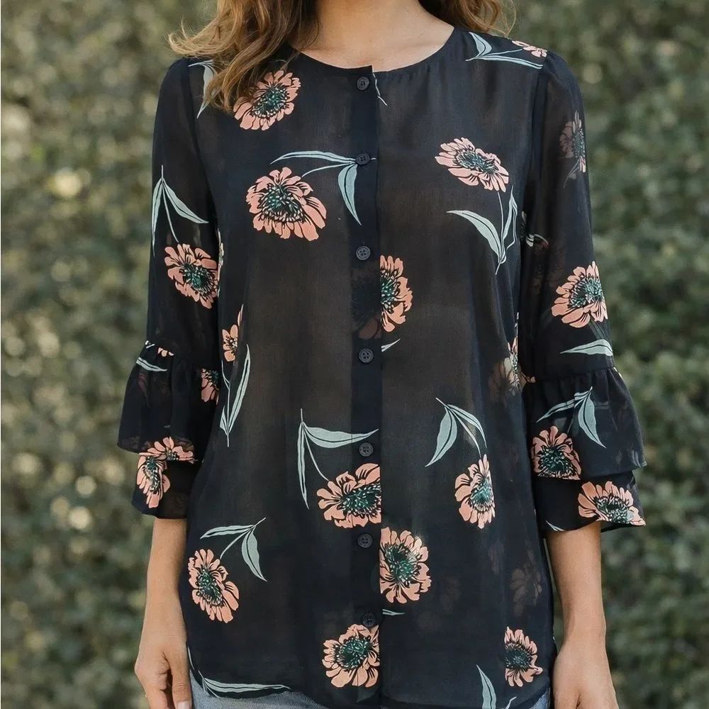 Cabi La-di-da Blouse Semi Sheer Floral Print